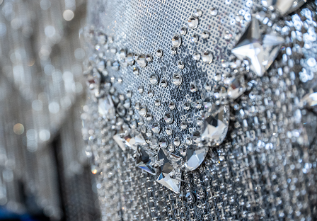 Detailed shot of Preciosa crystal rhinestones applied on fabric